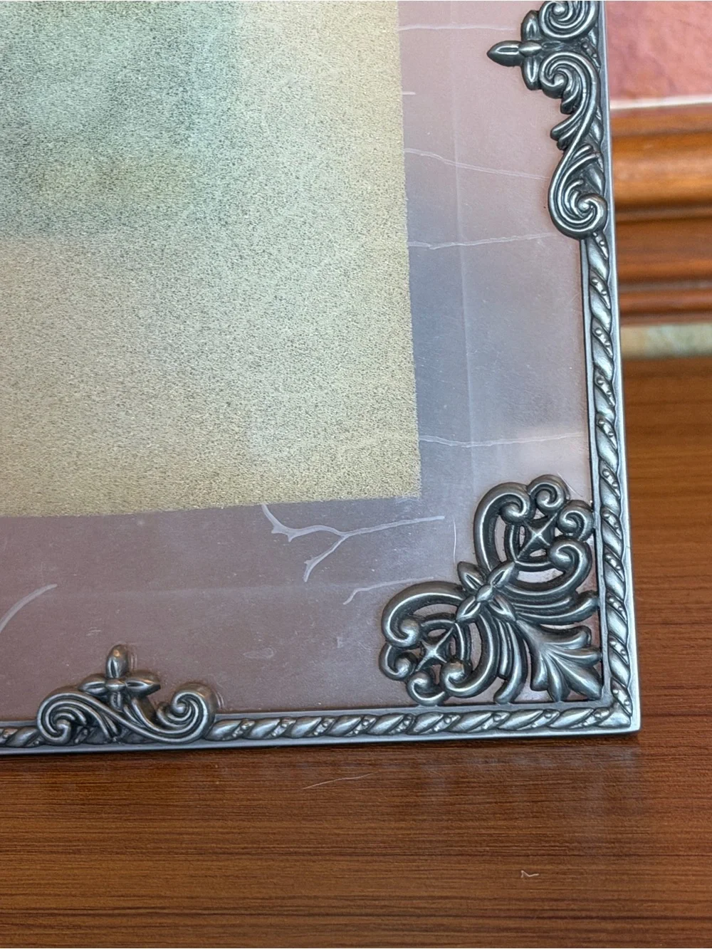 Malden International 4x6 Glass Floating Picture Frame Ornate Pewter Tabletop VTG